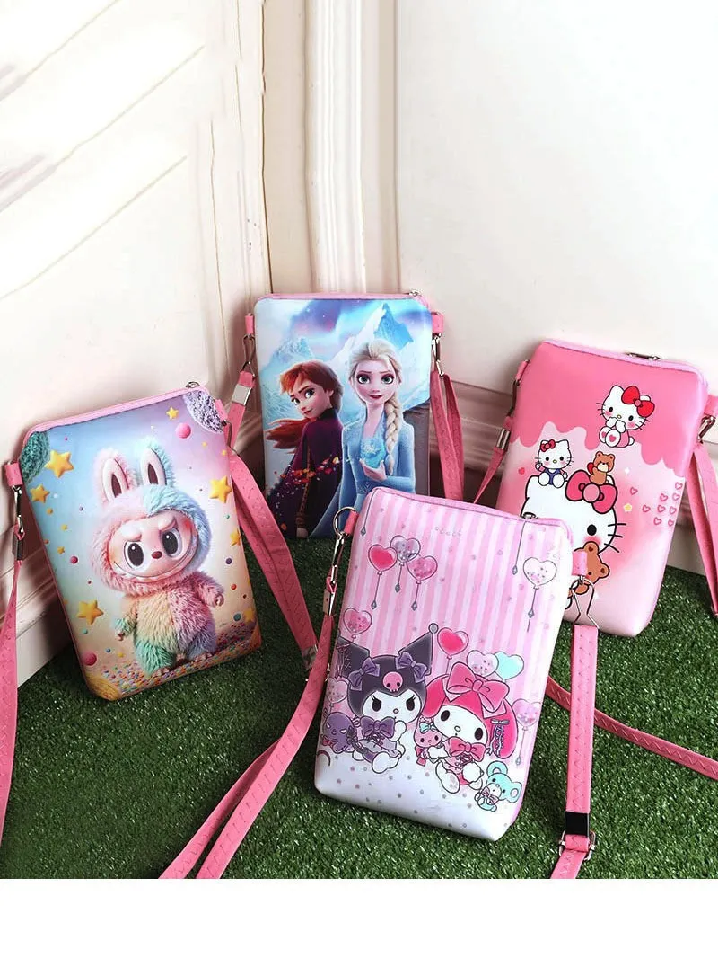 Kuromi & Labubu Cute Cartoon Crossbody Bag for Kids – 2-Pocket Shoulder Pouch with Adjustable Strap, Portable Mini Bag for Girls, Boys & Students